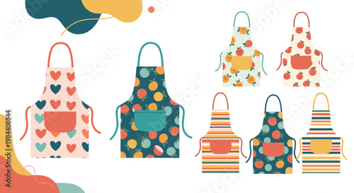 Collection of stylish kitchen aprons with heart, fruit, and striped patterns for cooking, baking, and domestic theme design elements.
