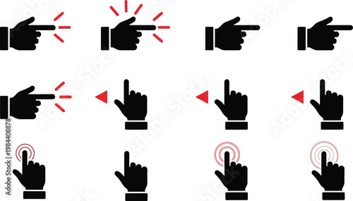 Set of Hand Pointer Icons with Red Accents and Click Effects Keywords: hand pointer, cursor, click, touch, tap, finger, index finger, pointing