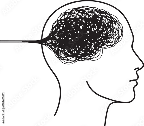 Mental Health Illustration of Tangled Thoughts in Human Head Profile