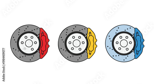 Set of three colorful disc brake calipers in red yellow and blue for automotive braking systems