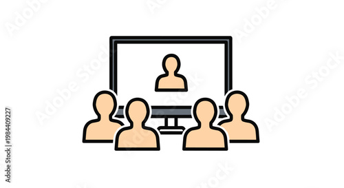 Icon depicting a group of people participating in an online meeting, webinar, or video conference on a computer monitor for remote work.