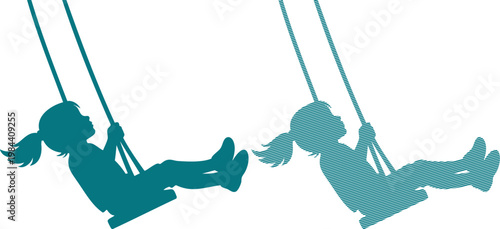 Two girls swinging on teal swings children playground