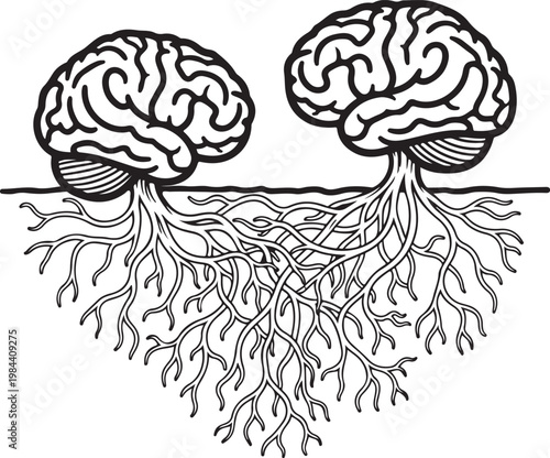 Two Brains with Connected Roots Line Art Concept Illustration