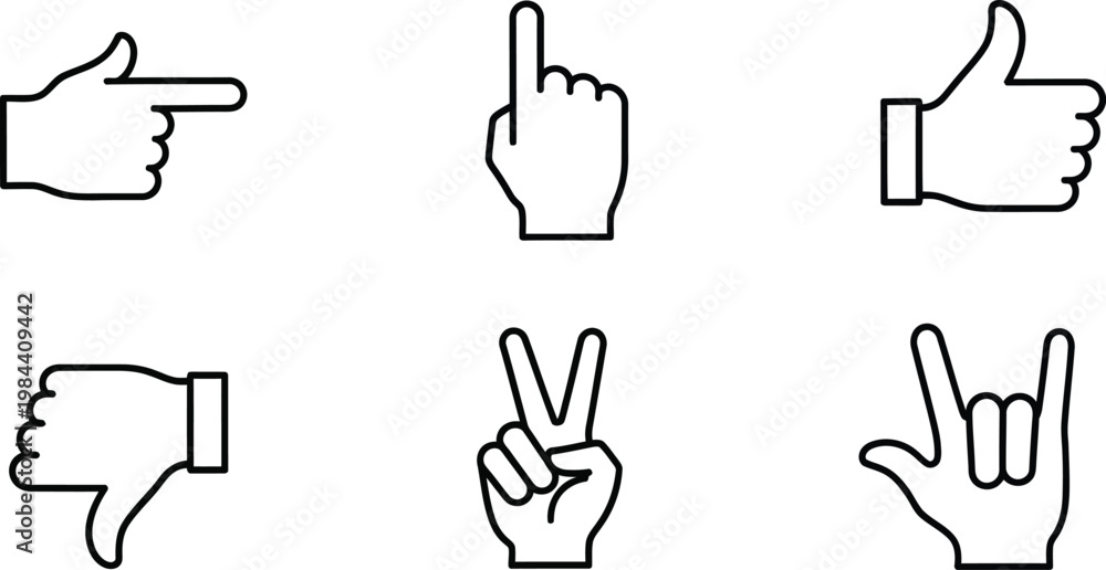 Fototapeta premium Set of Six Hand Gesture Icons Pointing Thumbs Up Down Peace Rock and Roll Keywords: hand gesture, pointing, thumb up, thumb down, peace sign, rock