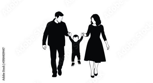 Black and white silhouette of a happy family holding hands and walking together outdoors