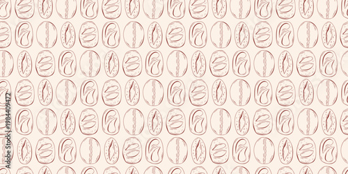 Seamless pattern with artisan bread collection with various rustic loaves and buns, brown outline doodle flat retro style. Minimalist hand drawn vector for bakery packaging on beige background