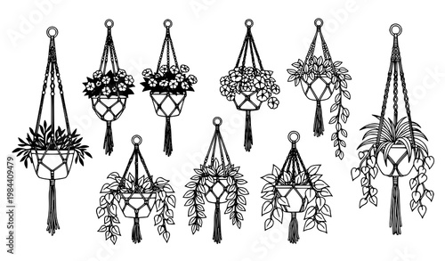 A set of black and white vector illustrations of hanging planters with plants and flowers
