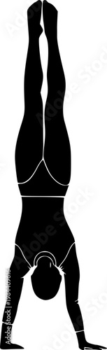 Black silhouette of a gymnast performing a vertical handstand pose with pointed toes and straight legs, vector illustration, isolated on white background See Less
