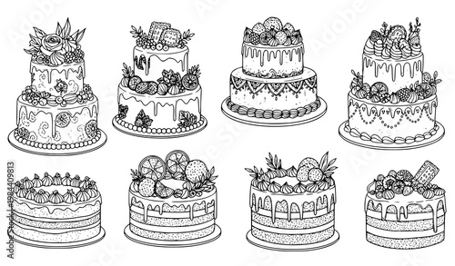 A set of beautifully decorated cakes with various toppings and designs