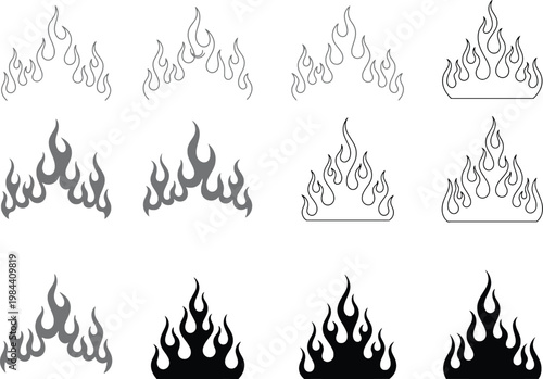 Stylized Flame and Fire Icons in Various Colors and Styles illustration