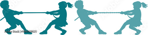 Four children playing tug of war with rope silhouettes