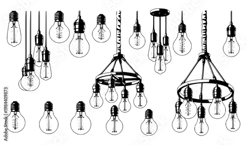 A set of light bulbs and chandeliers in a minimalist line art style