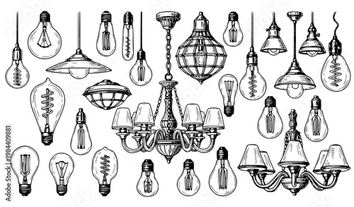 A collection of various light fixtures and bulbs in a minimalist line art style