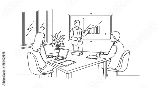 Business meeting with presentation and colleagues. Continuous line style. Hand drawn. Line art. Vector design. illustration