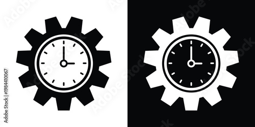 Technical icons showing a clock integrated within a gear cog. Symbolizes time management, process optimization, workflow efficiency, and productivity.