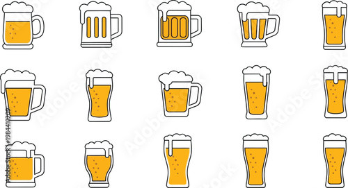 Various Beer Mugs and Glasses Filled with Golden Beer and Foam (15