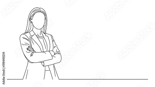 A confident businesswoman with crossed arms. Continuous line style. Hand drawn. Line art. Vector design. illustration