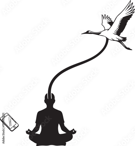 Digital Detox and Mindfulness Meditation Concept with Crane Bird
