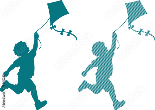 Two children running with kites in teal silhouette