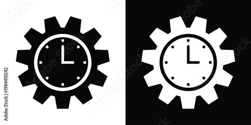 Technical icons showing a clock integrated within a gear cog. Symbolizes time management, process optimization, workflow efficiency, and productivity.