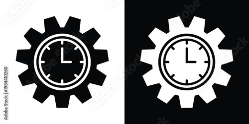 Technical icons showing a clock integrated within a gear cog. Symbolizes time management, process optimization, workflow efficiency, and productivity.
