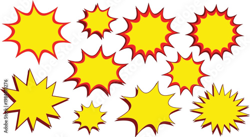 Various Sizes of Empty Yellow Starburst Shapes with Red Edges Keywords: starburst, empty, blank, shape, yellow, red, edge, graphic, design, sale