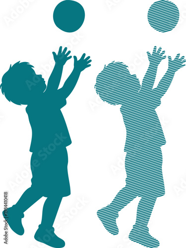 Two children reaching for balls in teal silhouette