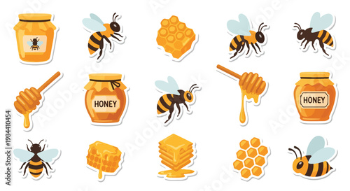 Collection of honey and bee icons on a white background, including honey jars, bees, honeycombs, and dipper sticks.