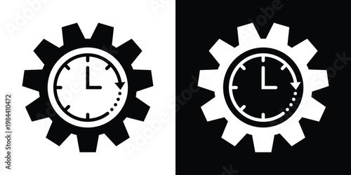 Technical icons showing a clock integrated within a gear cog. Symbolizes time management, process optimization, workflow efficiency, and productivity.