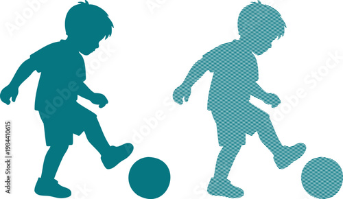 Two boys playing soccer with teal silhouettes and striped texture