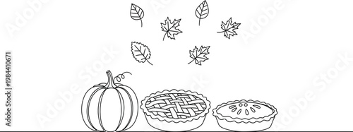 Autumn still life featuring pumpkin pies and falling maple leaves