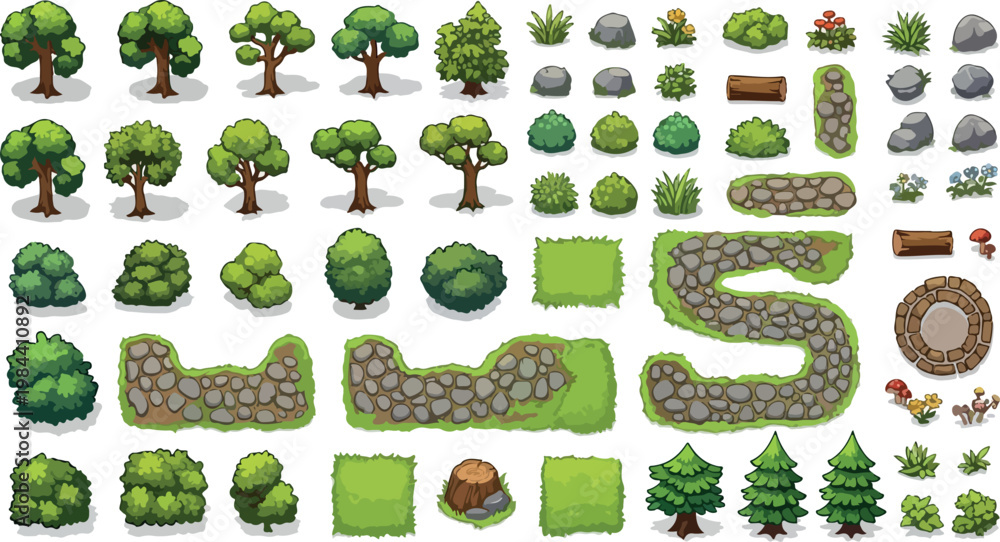 Fototapeta premium Cartoon nature game assets vector set, green forest trees and bushes collection, stone path and rock elements for landscape design isolated PNG with Transparent Background