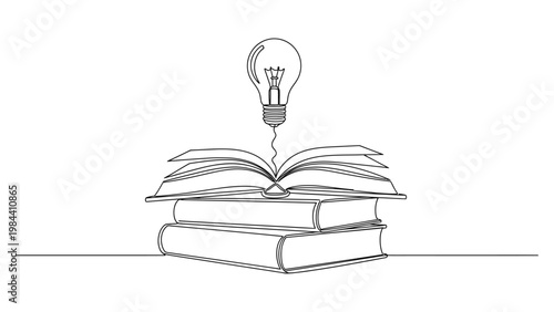 Stack of books with lightbulb idea. Continuous line style. Hand drawn. Line art. Vector design. illustration