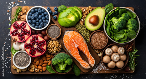 A vibrant arrangement of healthy foods on a wooden cutting board including salmon fillets broccoli pomegranates blueberries and various nuts and seeds