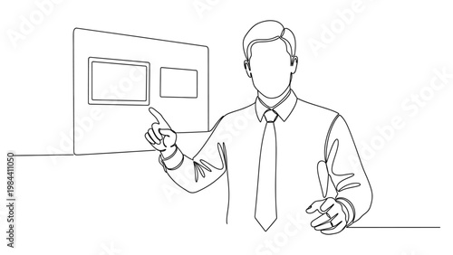 Businessman presenting information on a screen. Continuous line style. Hand drawn. Line art. Vector design. illustration