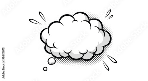 Empty white comic-style thought bubble with halftone dots and motion lines for text placement, storytelling, and speech bubble design.