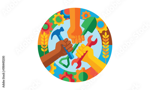 Labor Day celebration featuring diverse hands holding tools like hammers, wrenches, and shovels surrounded by industrial gears and agricultural wheat.