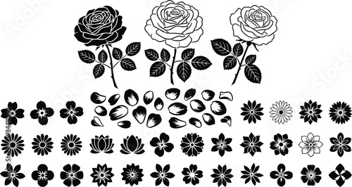 Black and white rose and flower vector set with petals floral icons and botanical elements collection isolated on white background