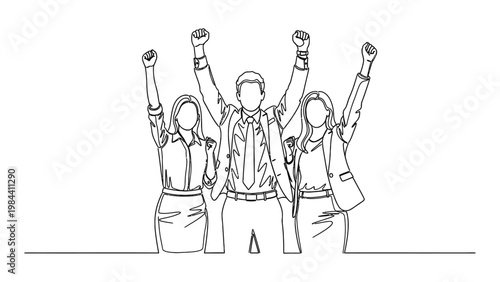 Three people celebrating with raised fists. Continuous line style. Hand drawn. Line art. Vector design. illustration