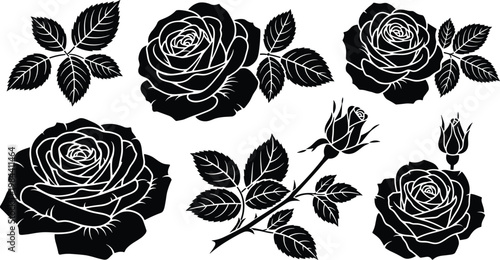 Black Rose Silhouette Set with Leaves Buds and Stems Elegant Floral Collection for Tattoo Design Decorative Elements and Vector Illustration