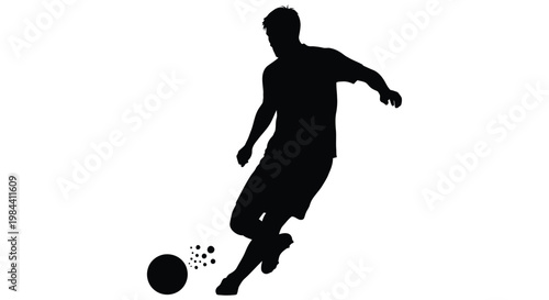 Silhouette of a soccer player kicking a ball against a white background