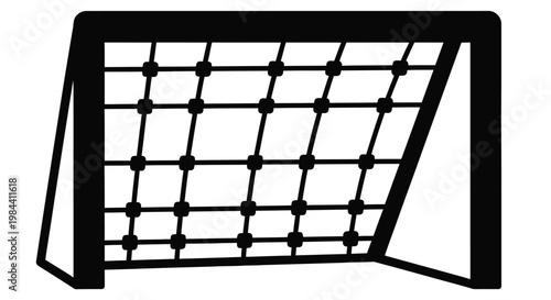 Simple black and white illustration of a soccer goal with netting
