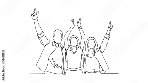 Three people celebrating with raised hands.