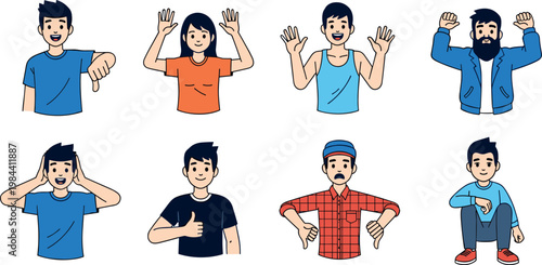 Set of Male Character Illustrations with Different Expressions, Gestures, and Casual Outfits for Social Media, Digital Art, and Marketing Designs