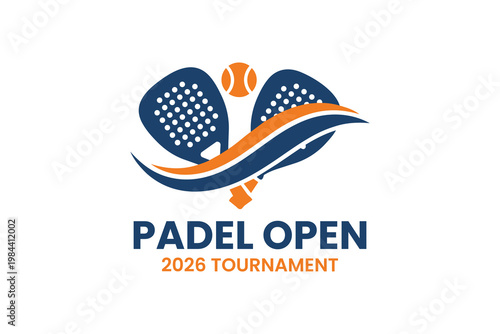 Padel Open 2026 Tournament Logo Template featuring Crossed Rackets and Ball with navy and orange color, clean and minimal sports logo design. vector logo. 