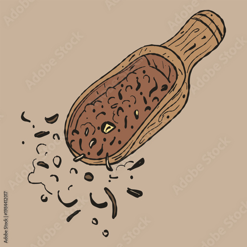Wooden Scoop with Loose Leaf Tea, Hand-Drawn Illustration for Organic Branding and Wellness Design
