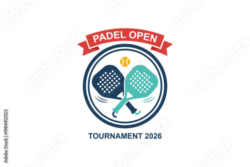 Modern Padel Open Tournament 2026 Logo with Crossed Rackets and Ball, modern minimal vector sports logo design.