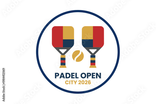 Padel Tennis Open City 2026 Vector Logo Design with Rackets and Ball for Tournament Branding, red, yellow and navy color combination.