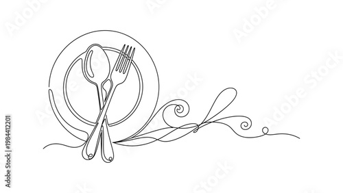 A minimalist line drawing of a plate with cutlery.