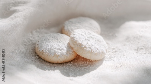 Powdered sugar cookies on fabric background, soft natural light, close up